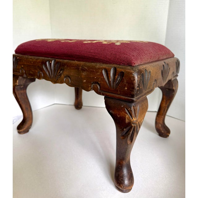 Antique English Needlepoint Footstool With Carved Queen Anne Style Legs For Sale - Image 10 of 11