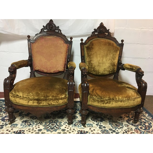 Late 19th Century French Antique Victorian Parlor Armchair With Gold Upholstery - Set of 2 For Sale - Image 4 of 5