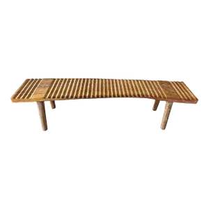 Teak Wood Sculptural Bench, Carved Detailing, Modern Organic