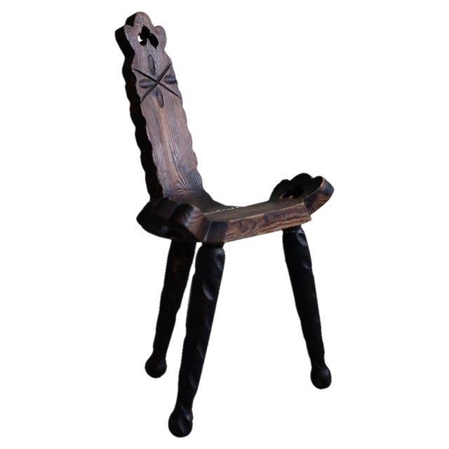 French Wabi Sabi Wooden Carved Tripod Chair, 1890s For Sale