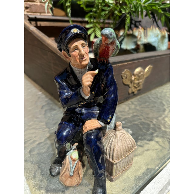 1970s English Ceramic Painted Sitting Man and Bird Sculpture For Sale - Image 4 of 8