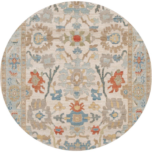 Beautiful contemporary Sultanabad rug, hand knotted wool with an ivory field, light blue frame, tan, rust and blue accents...