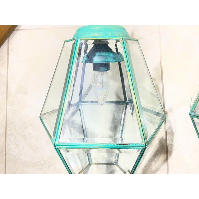 1980s Stunning Pair of Vintage Solid Brass & Glass Geometric Hanging Lanterns - a Pair For Sale In Miami - Image 6 of 16