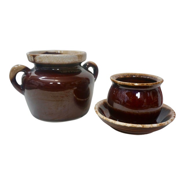 Vintage Brown Drip Glaze Stoneware Set - McCoy Bean Pot & Hull Serving Set - 3pcs For Sale