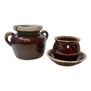 Vintage Brown Drip Glaze Stoneware Set - McCoy Bean Pot & Hull Serving Set - 3pcs