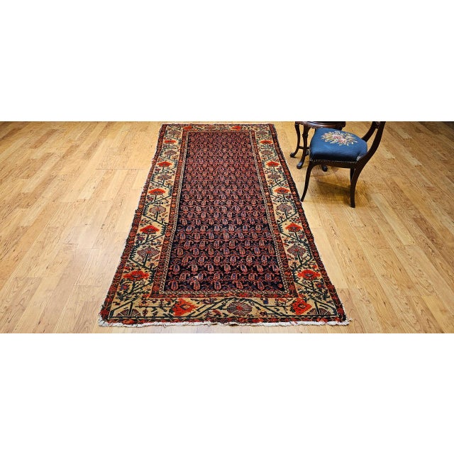 19th Century 19th Century Persian Kurdish Gallery Rug, Hand-Knotted Wool, All-Over Paisley & Poppy Pattern, Navy & Ivory, 5x10 For Sale - Image 5 of 18