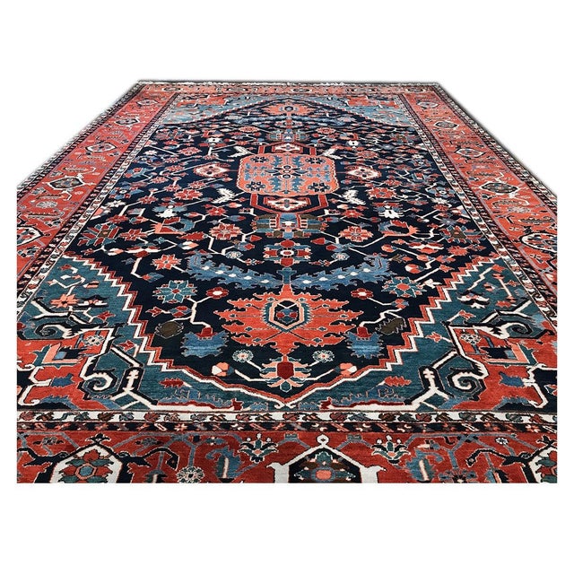 Vintage Persian Serapi Wool 13x19 Blue & Red Handmade Area Rug #1143922