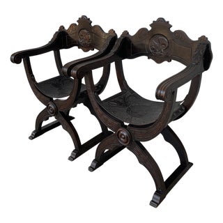 19th Century Pair of Carved Walnut Tooled Leather Savonarola Bench or Settee For Sale