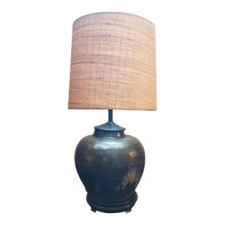Large 1930s Green-Brown Wine Jar Lamp With Textured Shade For Sale