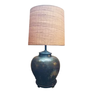 Large 1930s Green-Brown Wine Jar Lamp With Textured Shade