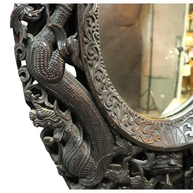 1920s Anglo-Indian Carved & Ebonized Reticulated Hardwood Mirror With Buddha & Dragons For Sale - Image 4 of 10