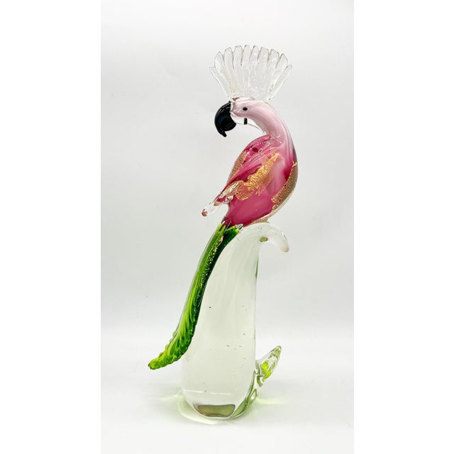 Figurative Vintage Alfredo Barbini Style Pink, Green, and Gold Aventurine Cockatoo Bird Figurine For Sale - Image 3 of 11