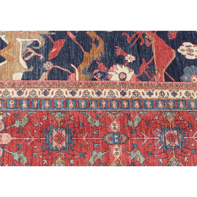 Large Persian Bidjar Rug With Navy Field and Red Border Floral Design For Sale - Image 4 of 16