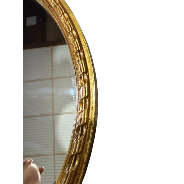 Hollywood Regency Vintage Hollywood Regency Round Gold Ribbon Crest Wall Mirror 19.5 Inches For Sale - Image 3 of 8