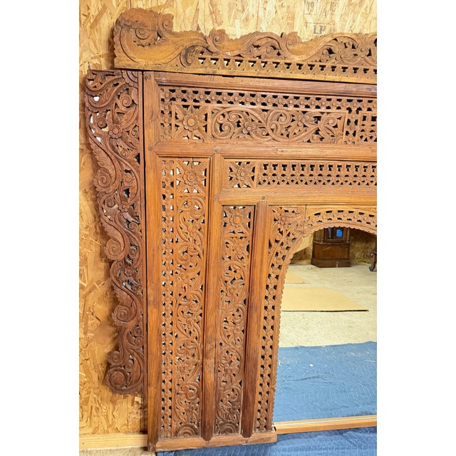 This is a large hand-carved teak architectural panel, assembled as a headboard/ could be a fireplace surround or wall...
