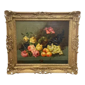 Traditional British 19th Century Still Life Oil Painting of Roses Peaches & Grapes by Edwin Steele