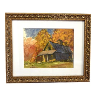 Framed Original Signed Watercolor Painting by M E Ventola of an 'Old Barn in Autumn' For Sale