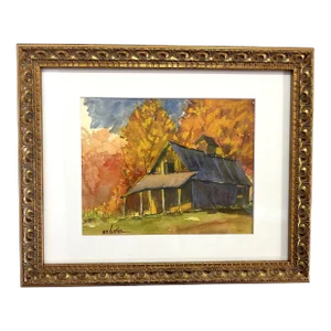 Framed Original Signed Watercolor Painting by M E Ventola of an 'Old Barn in Autumn'