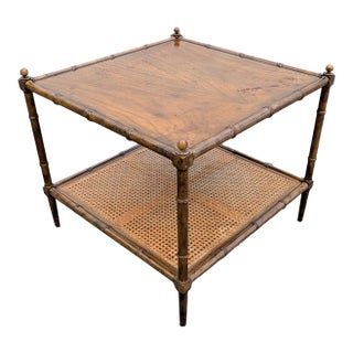 Baker Furniture Mid 20th Century Two-Tier Caned Faux Bamboo End Table For Sale