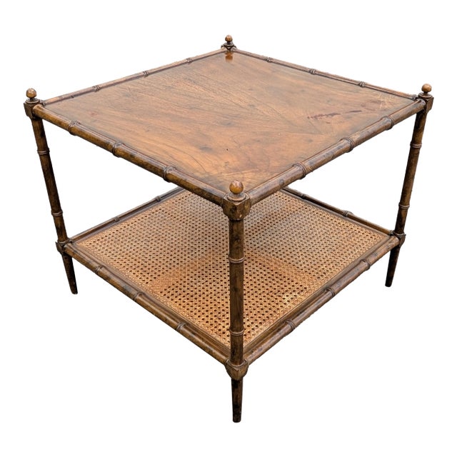 Baker Furniture Mid 20th Century Two-Tier Caned Faux Bamboo End Table For Sale