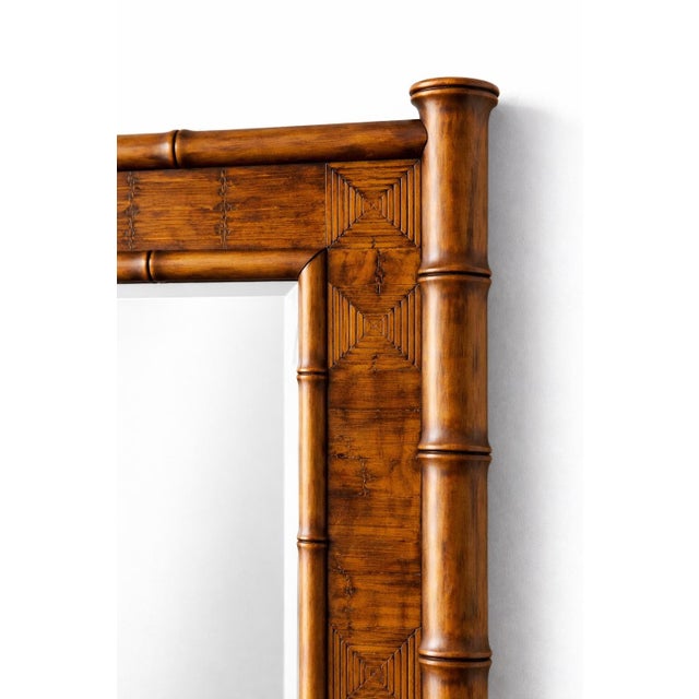 Large Vintage Carved Wood Faux Bamboo Wall Mirror – Beveled Glass – Palm Beach Regency Coastal Statement (56”) For Sale - Image 4 of 5