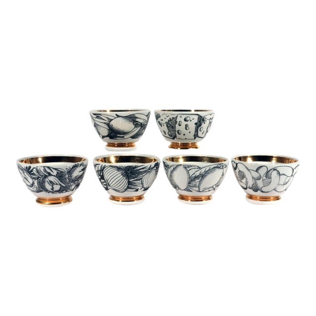 1960s Piero Fornasetti Ceramic Appetizer Bowls, Complete Set of Six, Antipasto Subjects For Sale
