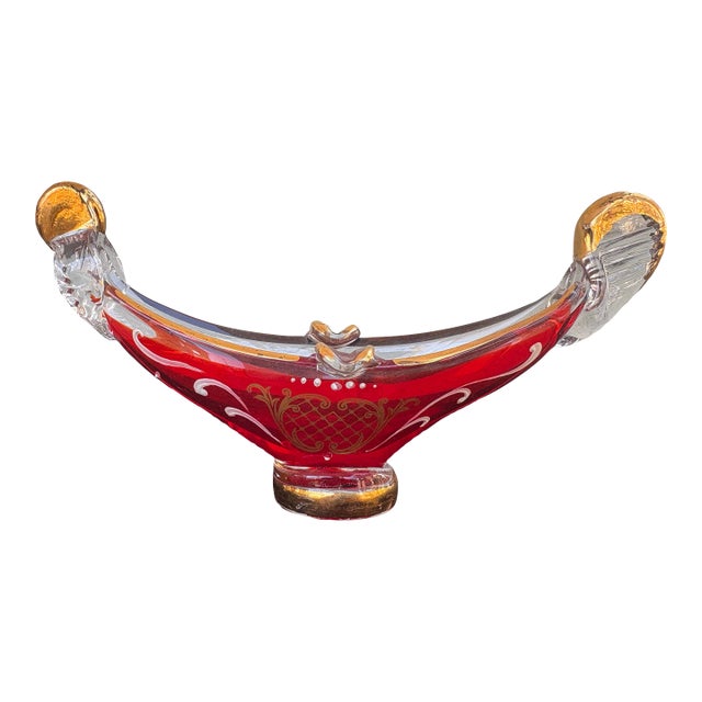 Vintage Murano Red Art Glass Venetian Gondola Ashtray With Gold & White Detailing For Sale