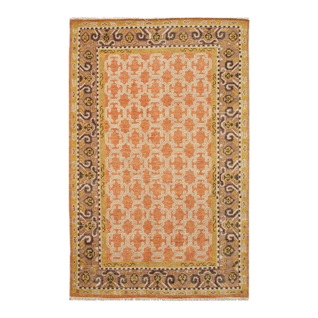 6x9 Yellow Hand-Knotted Wool Trellis Motif Geometric Modern Carpet Rug For Sale