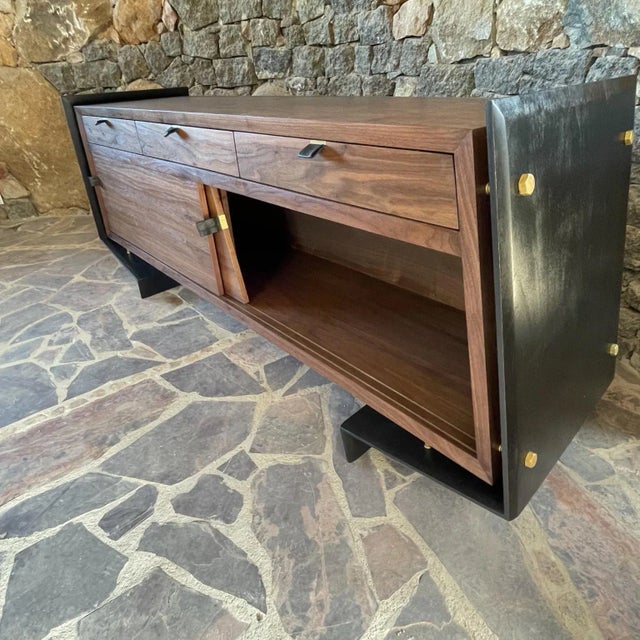Brown Ambianic Modern Floating Credenza in Walnut Bronze and Leather For Sale - Image 8 of 12