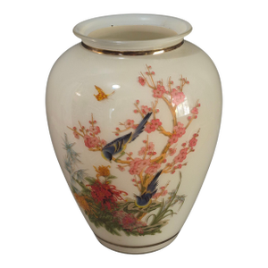 Vintage Asian Cherry Blossom Birds Butterfly Garden Chinoiserie Glass Vase