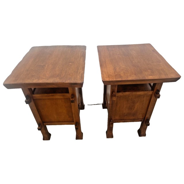 1990s Pair of Craftsman Mission Style Nightstands Side Tables Bottom Cabinet Center Shelf For Sale - Image 4 of 11