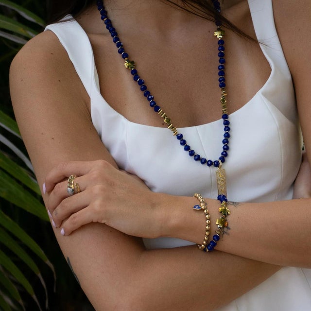 Deep Love Blue Crystal & Heart Charm Gold Bracelet Set For Sale In Miami - Image 6 of 8