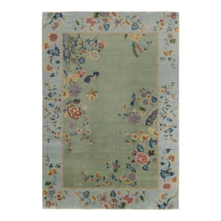 Rug & Kilim Chinese Style Art Deco Rug in Green with Blue Border & Floral Patterns - 12'x18' For Sale