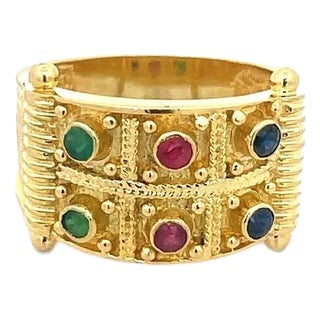 Ruby Byzantine Gold Ring 18k Sapphire Emerald Etruscan Style Band For Sale