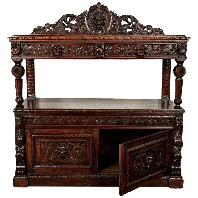 Brown Antique Scottish Carved Oak Renaissance Revival Wine Server Buffet Sideboard For Sale - Image 8 of 12