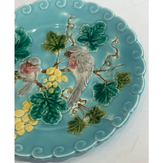 Pair French Antique Majolica Bird & Grape Pates by Sarreguemines, C1880 For Sale - Image 11 of 15