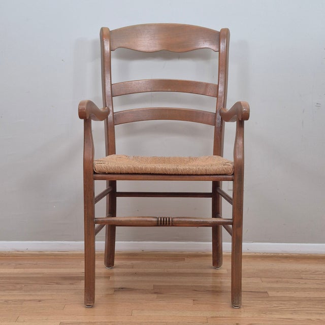 Mid 20th Century French Country Farmhouse Ladder Back Rush Seat Arm Chair For Sale - Image 11 of 11