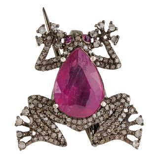 1890s Revival Inspired Silver & 3Ct Natural Ruby Diamond Pavé Frog Brooch Pendant For Sale