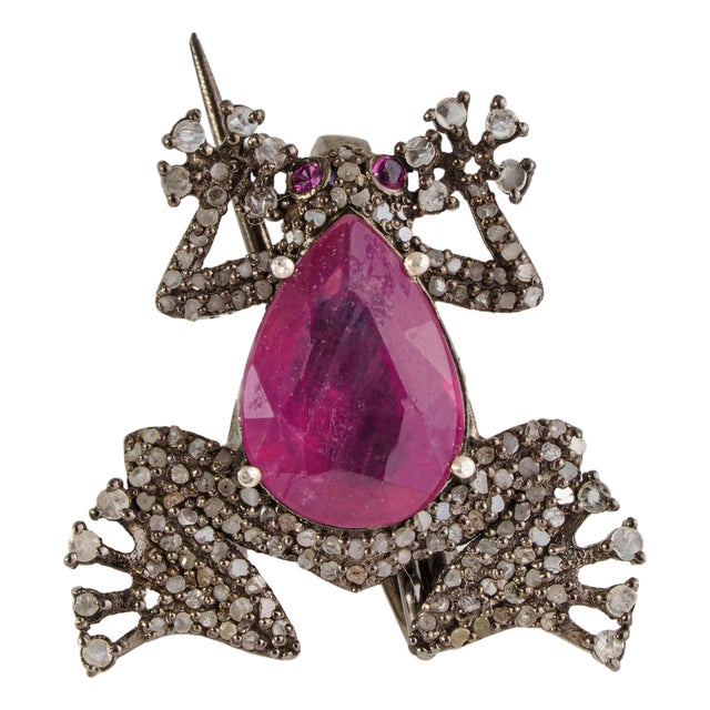 1890s Revival Inspired Silver & 3Ct Natural Ruby Diamond Pavé Frog Brooch Pendant For Sale