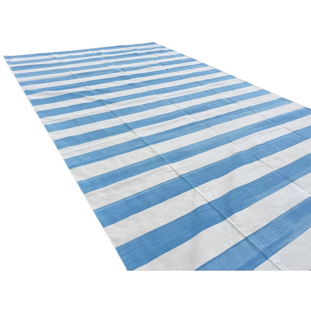 Textile Handmade Cotton Area Rug, Natural Vegetable Dyed, Sky Blue and White Striped Dhurrie - 10'x14' For Sale - Image 7 of 12