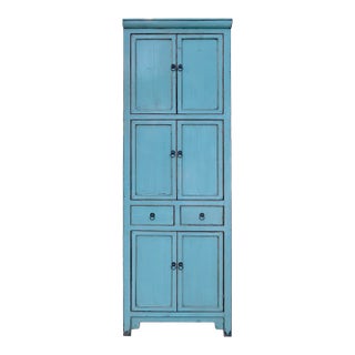 Distressed Turquoise Aqua Blue Tall Slim Shelves Drawers Storage Cabinet For Sale