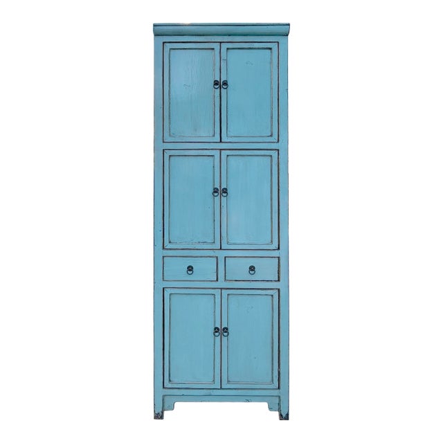 Distressed Turquoise Aqua Blue Tall Slim Shelves Drawers Storage Cabinet For Sale
