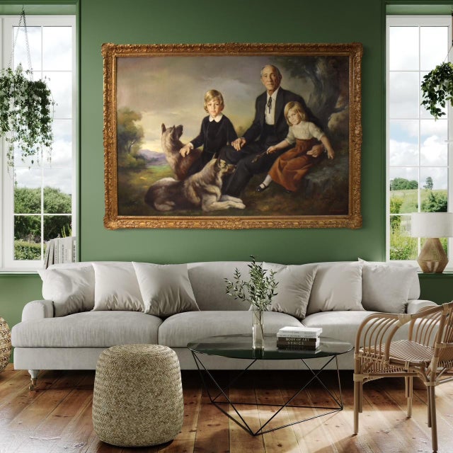 Great Spanish painting dated 1972. Oil on canvas artwork depicting a family portrait with dogs, of excellent pictorial...