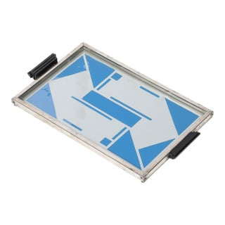 Art Deco Reverse Eglomise Blue & White Geometric Motif in Nickel & Bakelite Tray For Sale