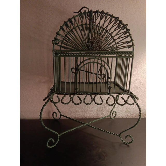Victorian 1950s Wrought Iron Green Victorian Scrolled Bird Cage For Sale - Image 3 of 3