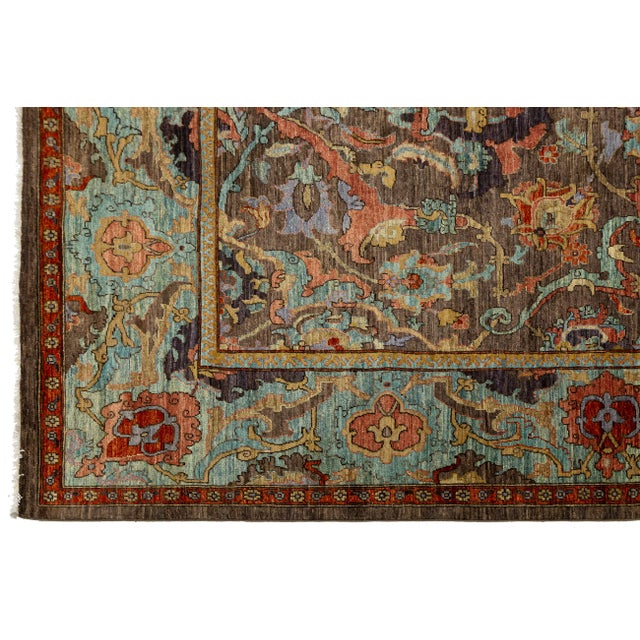 Modern Bidjar Style Hand-Knotted Wool Rug Earthy Brown & Turquoise 10x14 For Sale In New York - Image 6 of 11