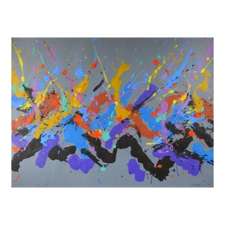 Abstract Expressionist Jerry Adams Blue Mustard Gray Painting on Paper For Sale