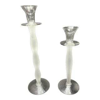 Anne Nilsson for Orrefors "Celeste" Frosted Crystal Candlesticks, Sweden (Pair) For Sale