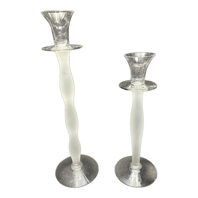 Anne Nilsson for Orrefors "Celeste" Frosted Crystal Candlesticks, Sweden (Pair) For Sale