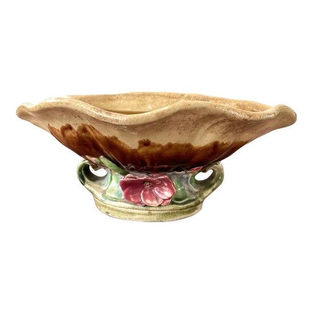 Vintage Majolica Clamshell Shaped Pedestal Bowl With Floral Designed Base For Sale